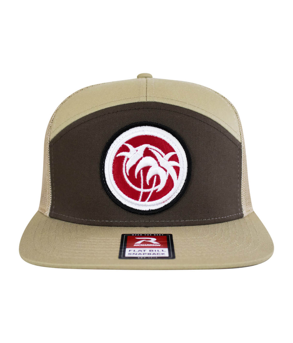 Rojo Negro Patch 7 Panel Trucker Snapback Hat for men and women with embroidered design and meshback.