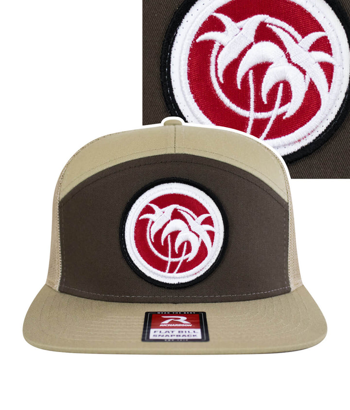 Rojo Negro Patch 7 Panel Trucker Snapback Hat for Men and Women with embroidered logo on front and meshback design