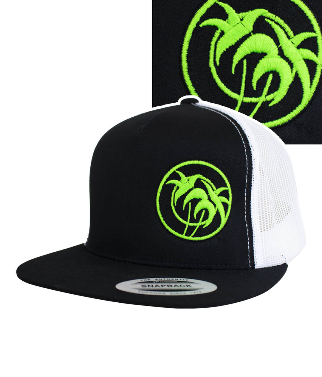 Verde Palm trucker hat with black front and white mesh sides, featuring green embroidered palm design.
