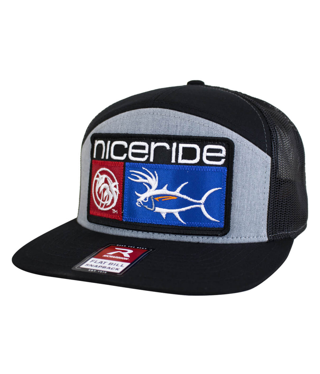 NICERIDE Buck-Eye Combo Patch 7-panel trucker hat with embroidered logos in blue and red.