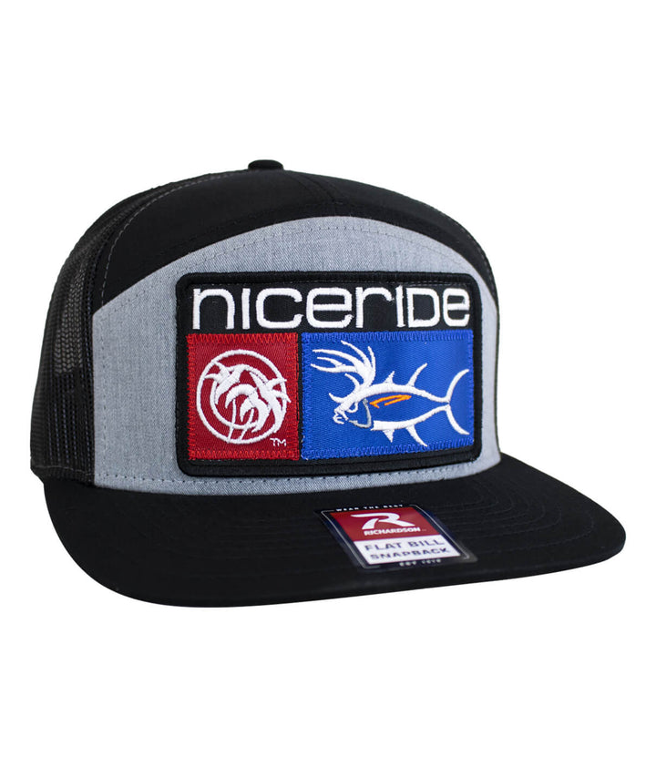 NICERIDE Buck-Eye Combo Patch 7-panel trucker hat in black, gray, and blue with embroidered logo.