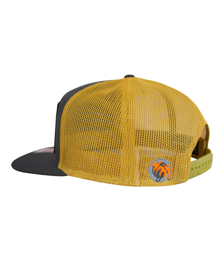 Back view of Sorry Charlie Patch 7 Panel Trucker Hat with mesh design and NICERIDE palm logo.
