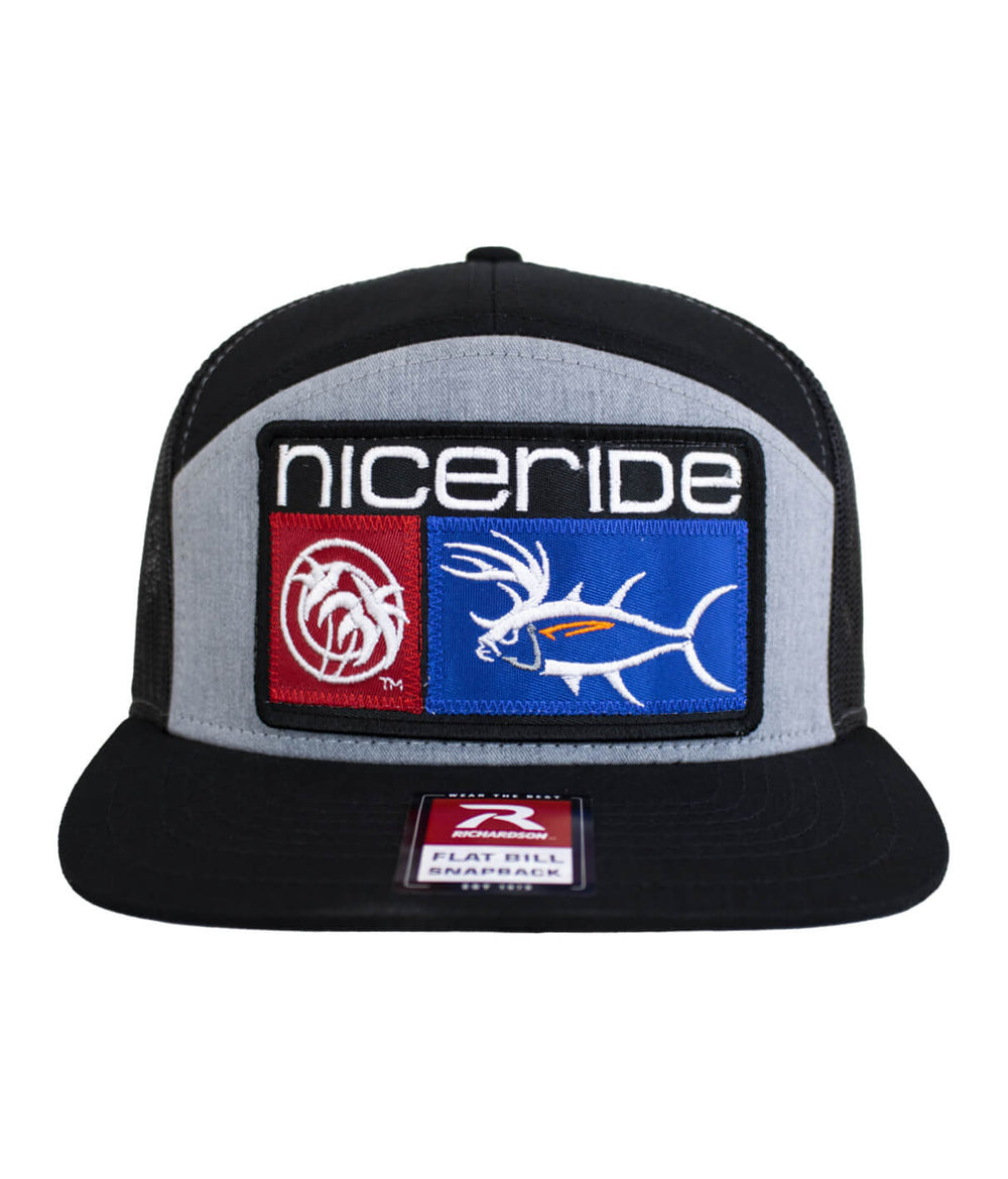 NICERIDE Buck-Eye Combo Patch 7-panel trucker hat featuring detailed embroidery and flat bill design.
