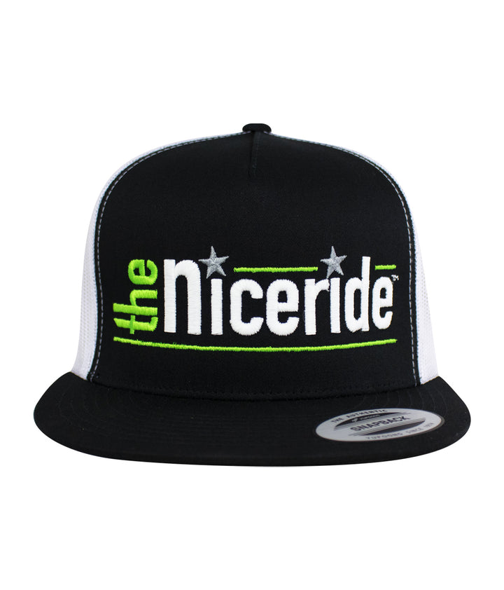 Black NICERIDE trucker hat with embroidered logo for hat enthusiasts.