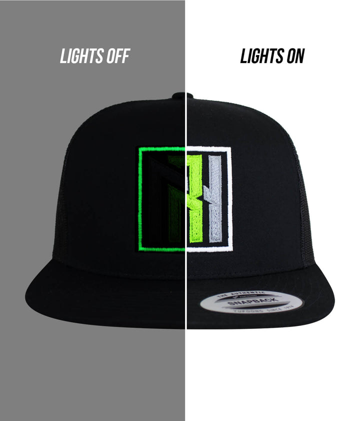 N-R Orange snapback trucker hat showing glow effect with lights on and off, featuring embroidered design and Niceride logo.