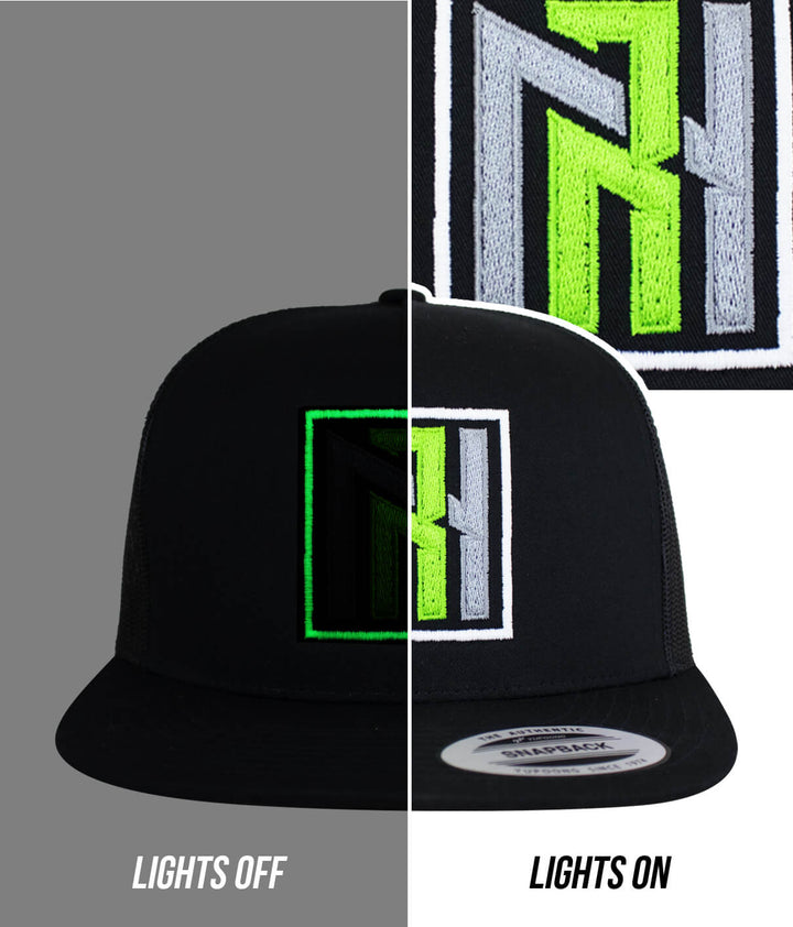 N-R Orange hat displaying embroidery design with lights off and lights on effect.