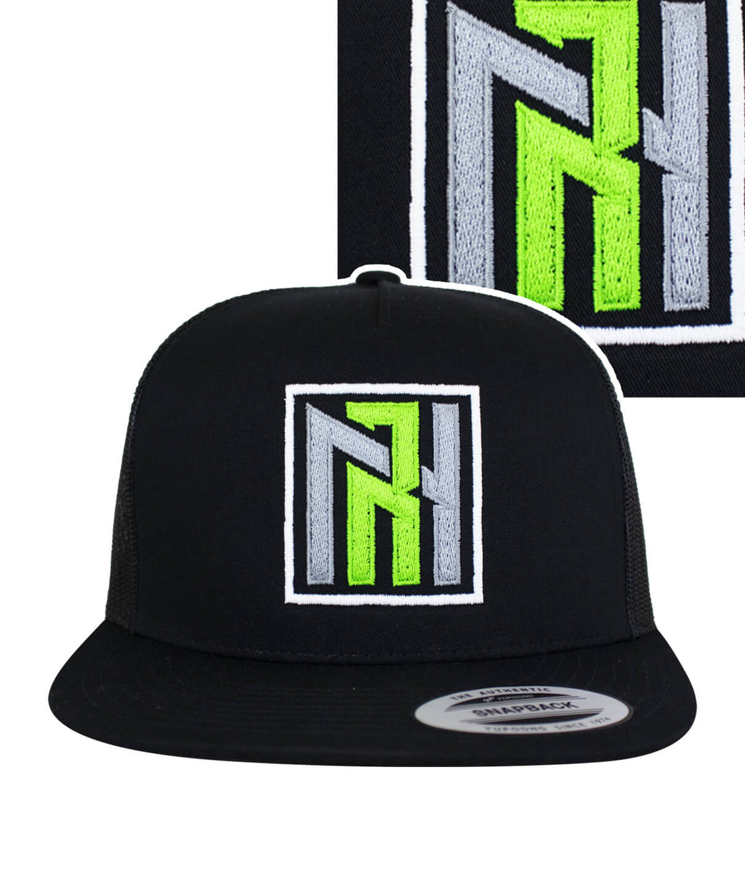 N-R Orange trucker baseball hat featuring neon green and gray embroidery design on a black cap.
