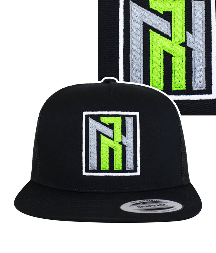 N-R Orange trucker baseball hat featuring neon green and gray embroidery design on a black cap.