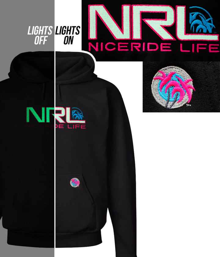 Black hoodie featuring NICERIDE Life logo with palm design, demonstrating lights on/off effect, unisex style.