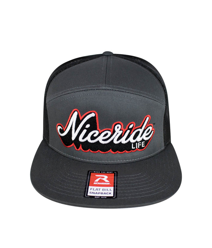 Half Pipe 7 Panel Trucker Snapback Hat for Men and Women with NICERIDE Life embroidery design.