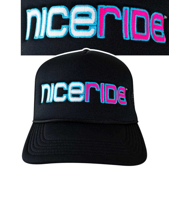 Black foam trucker hat featuring NICERIDE logo in vibrant colors. Stylish and comfortable hat for everyday wear.