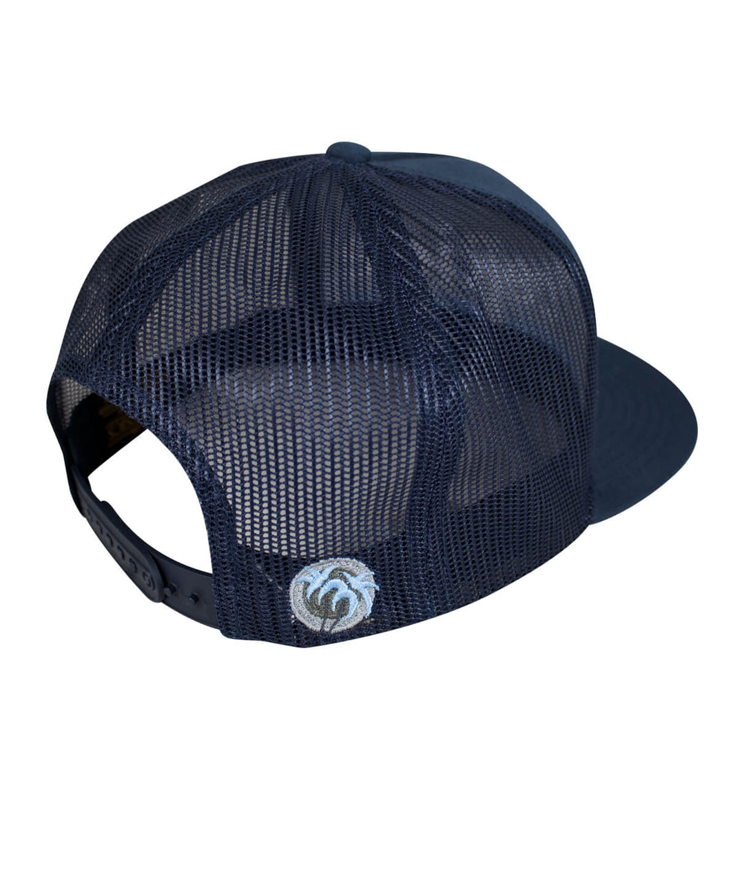 Back view of a Low Tide Trucker Hat showcasing the mesh design and palm logo on the side, perfect hat for casual wear.