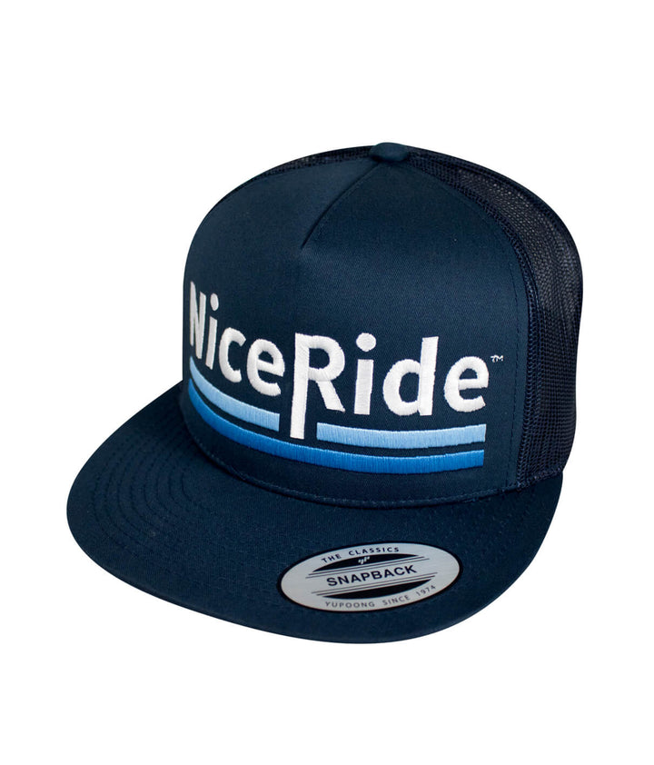 Low Tide snapback hat with NiceRide logo in blue and white, designed for comfort and style.