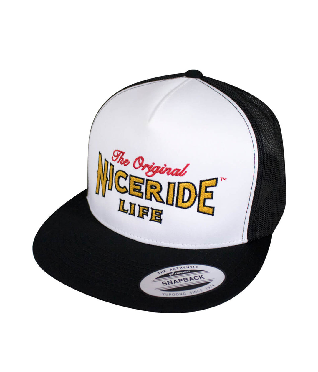Niceride Life snapback hat featuring embroidered logo in white and black, perfect for casual wear.