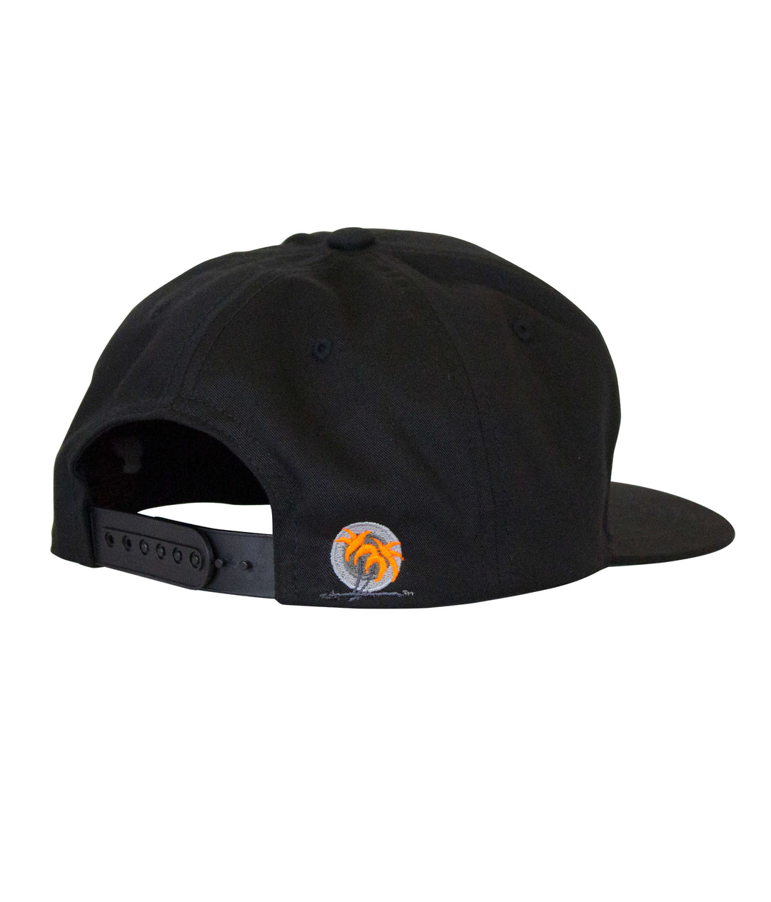 Cali Life Youth Snapback Hat back view showing black fabric and palm logo embroidery.