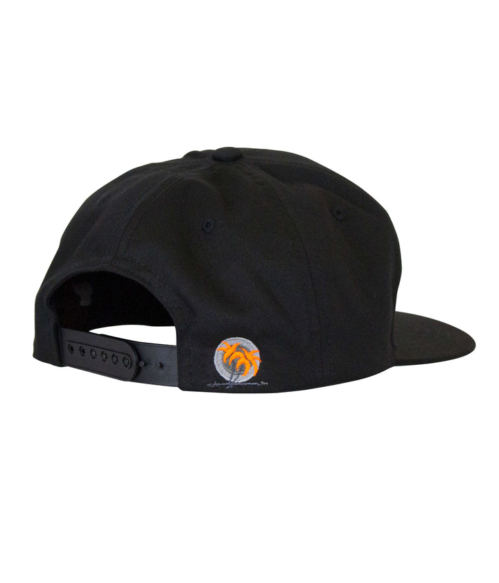 Cali Life Youth Snapback Hat back view showing black fabric and palm logo embroidery.
