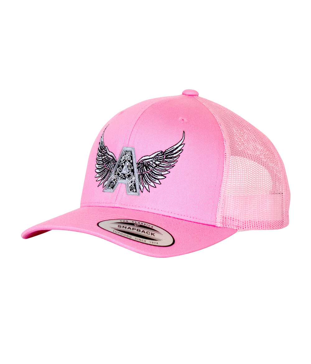 Angel Pink Retro Trucker Hat with wings logo on front, part of NICERIDE's charity initiative to combat premature births.