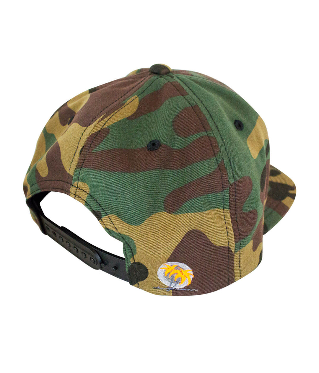 Back view of a camouflage hat featuring a palm logo on the side.