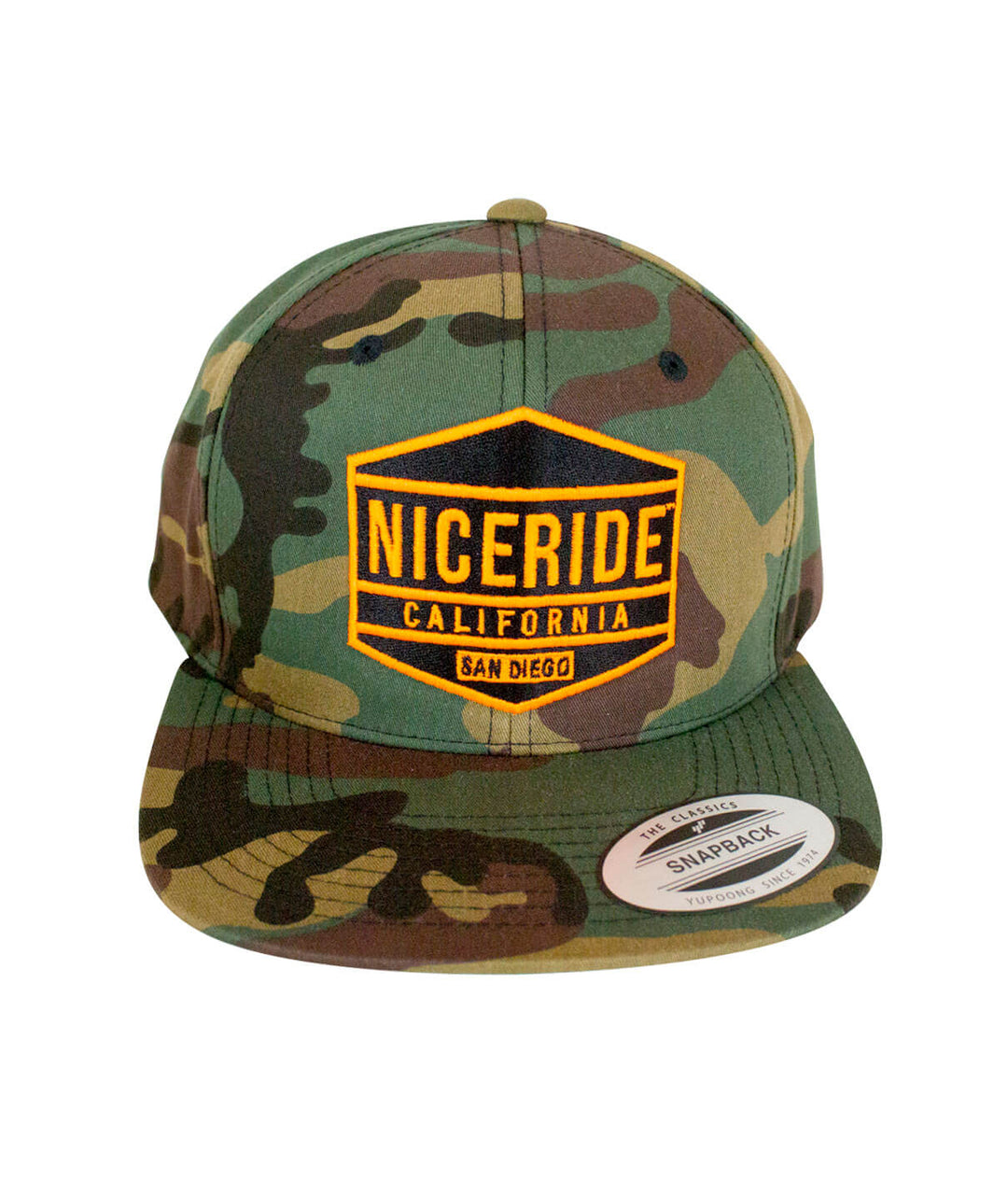Good Times - Neon Snapback hat with NICERIDE logo on camo designed cap.