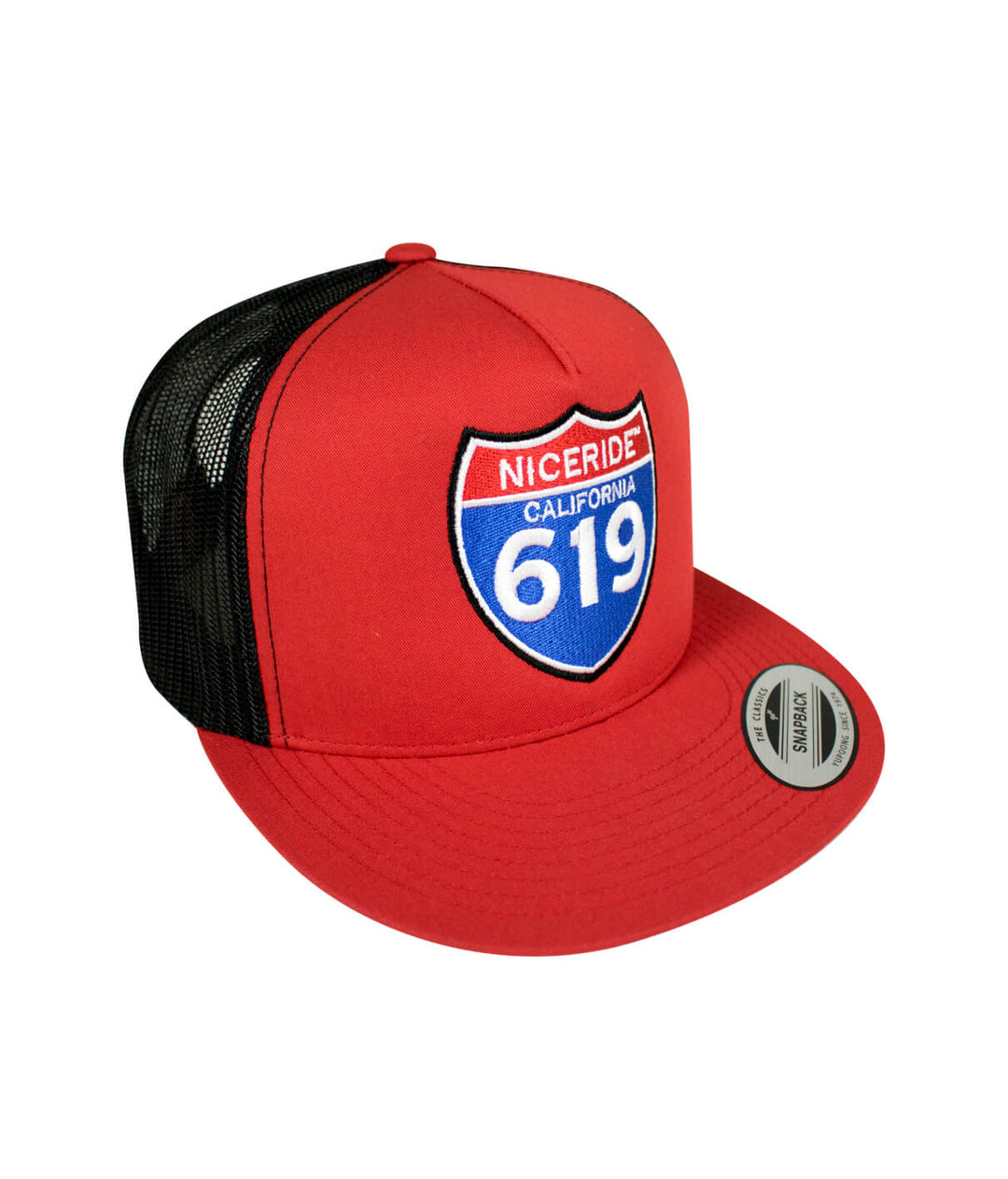 Interstate 619 trucker cap, red hat with NICERIDE logo, snapback design, perfect for casual wear.