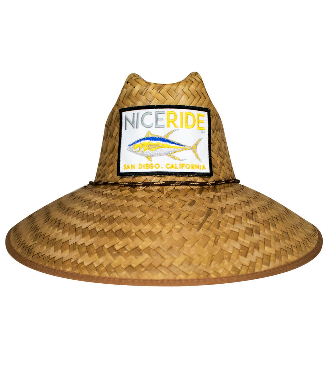 SORRY CHARLIE straw sun hat with NICERIDE patch for unisex beach use.