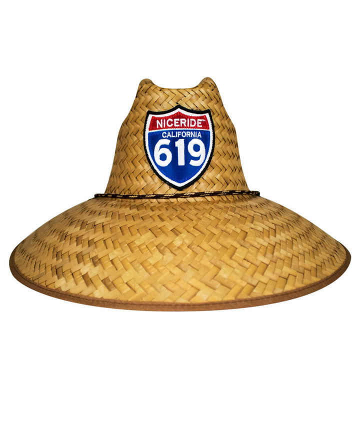 Interstate 619 straw sun hat with NICE RIDE patch, perfect unisex accessory for beach or work.