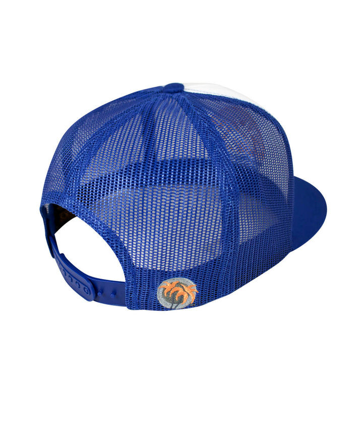 Back view of Pair-a-Dice trucker hat featuring blacked out palm logo, showcasing the stylish mesh design.
