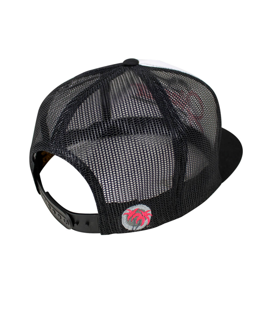 Back view of the "Tootsie" Trucker Hat showcasing the black mesh design and classic palm logo.