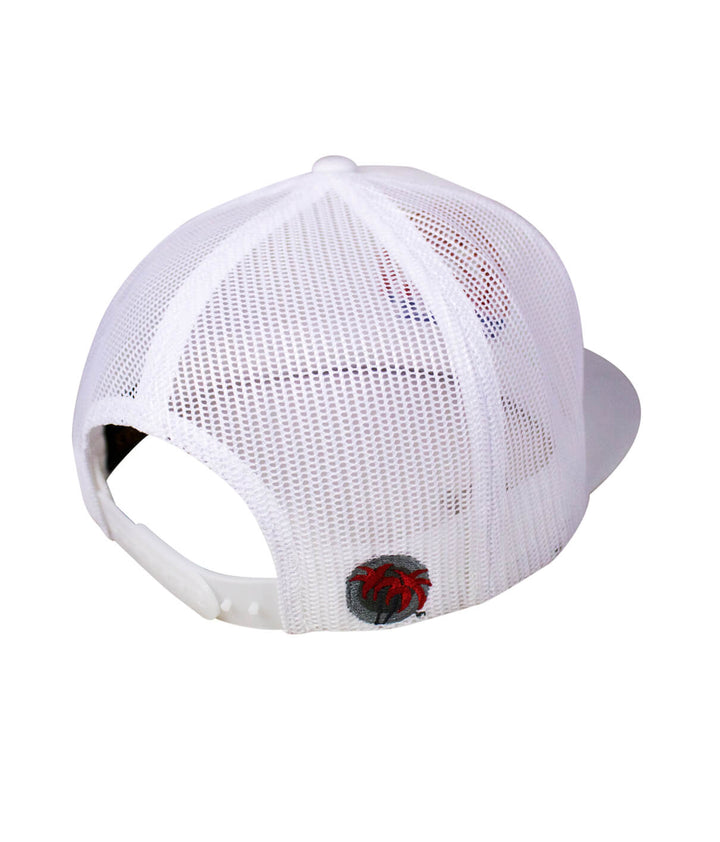 back view of the Pair-a-Dice trucker hat showing the mesh design and NICERIDE palm logo embroidery