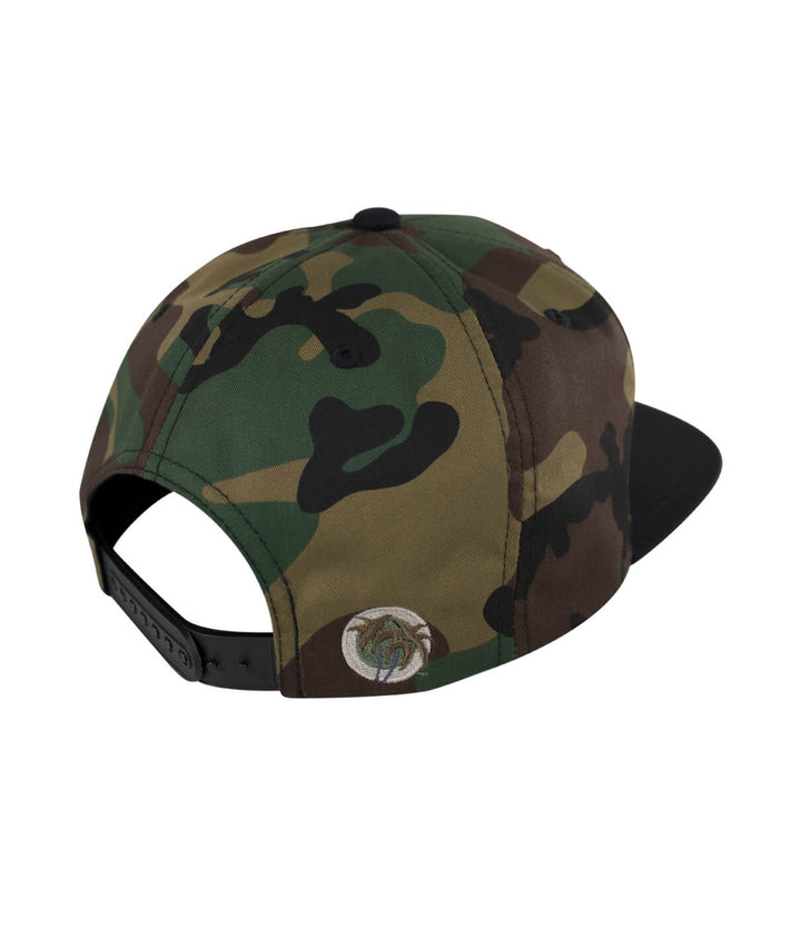 Cholo patch camo snapback hat showcasing the back view with blacked out palm logo and camo design.