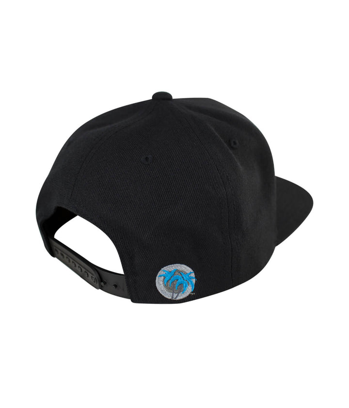Back view of a black snapback hat showcasing the embroidered Blue Palm Logo on the right side.
