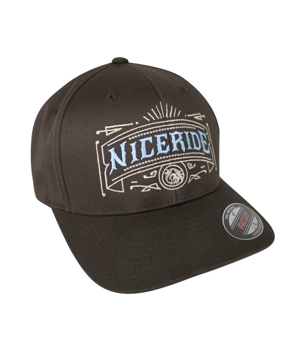 Cholo Flexfit hat featuring NICERIDE design embroidered on front and logo on back, perfect for casual wear.