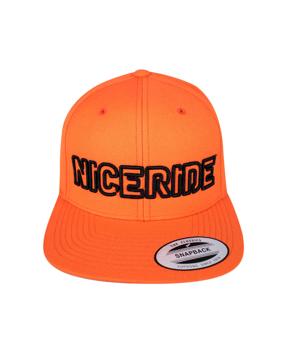 Bright orange snapback hat with NICERIDE embroidered logo on the front, featuring the focus keyword 'hat'.