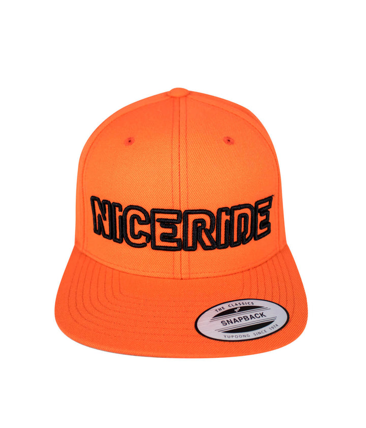 Bright orange snapback hat with NICERIDE embroidered logo on the front, featuring the focus keyword &