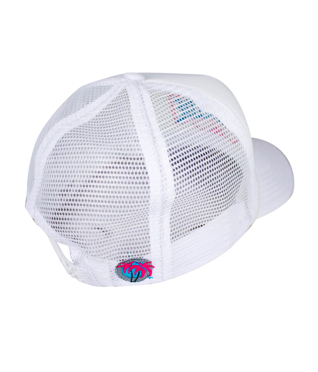 Back view of a Bow Tie Foam Trucker Hat showcasing the palm logo and white mesh design, perfect summer hat.