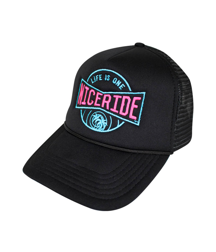 Black Foam Trucker Hat featuring NICERIDE logo and designed as a stylish hat for everyday wear.
