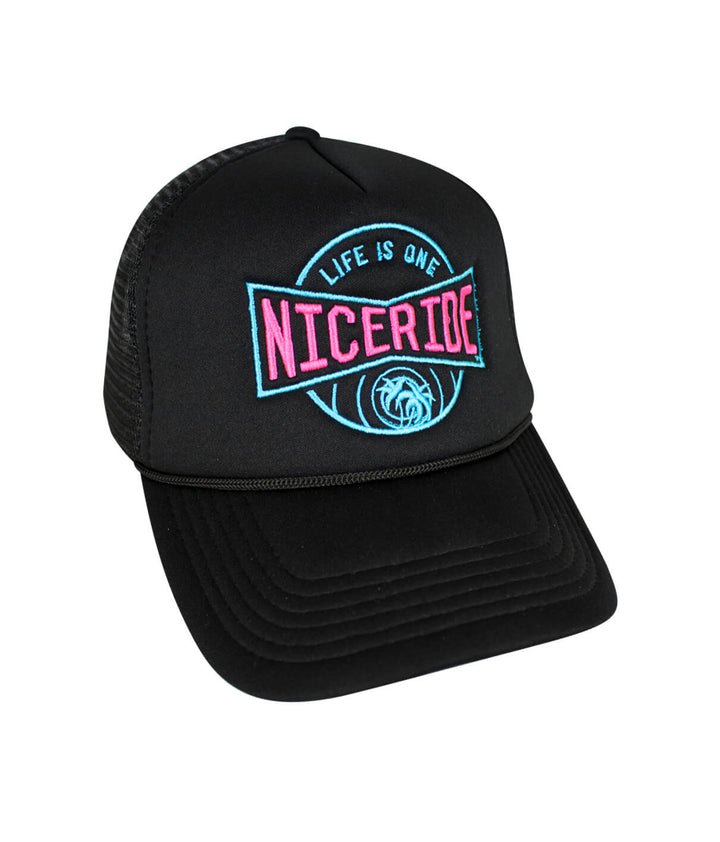 Bow Tie Foam Trucker Hat featuring NICERIDE logo, black cap designed and embroidered in the United States.