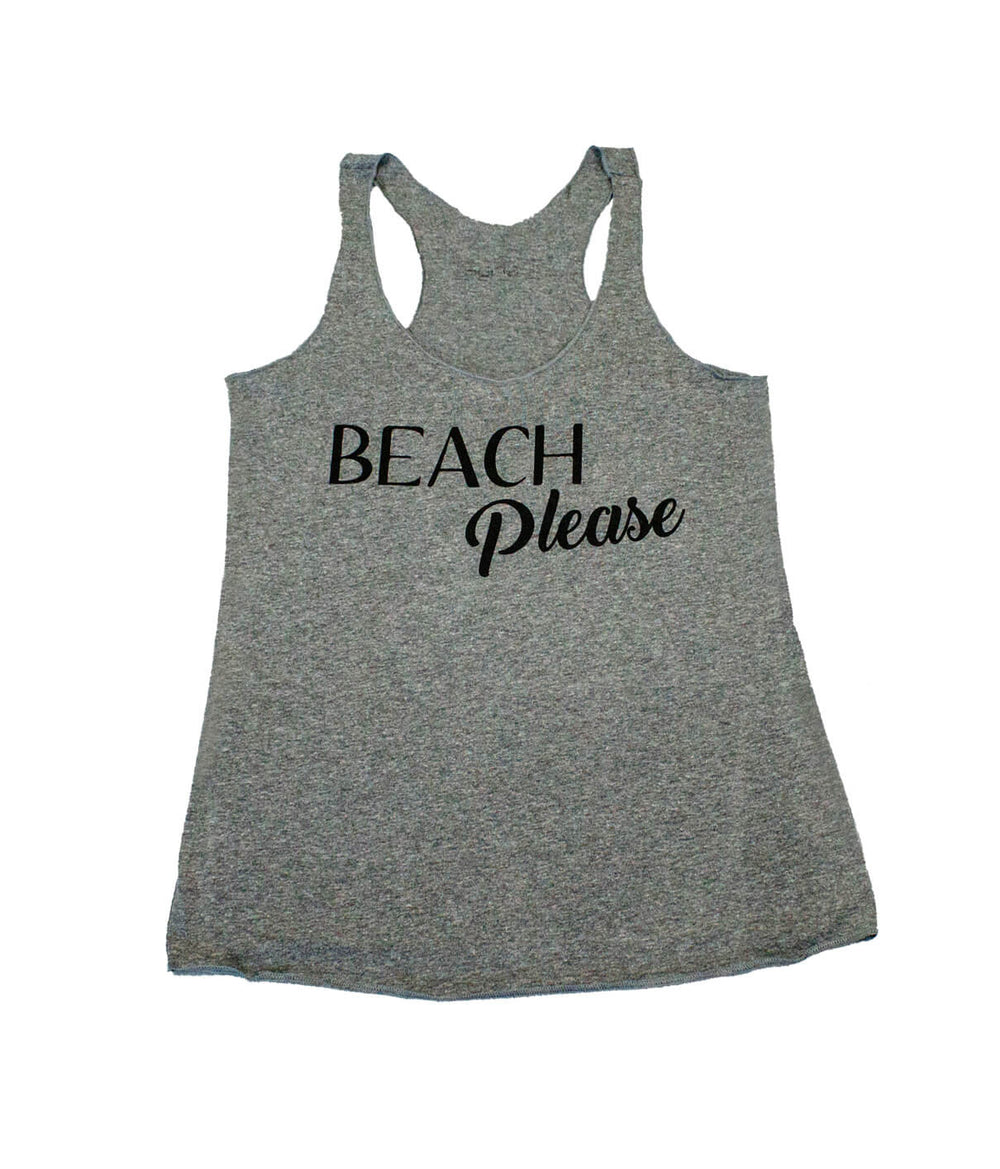 Beach Please tank top for women, featuring a racerback design and heathered fabric, ultra-soft and comfortable.