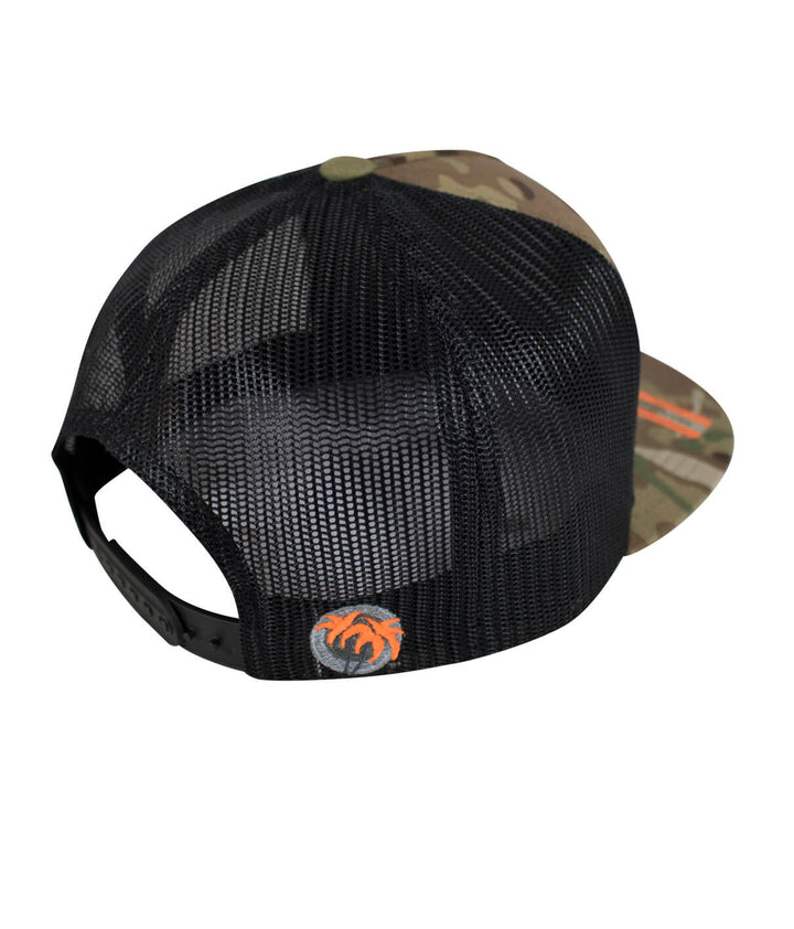 Back view of a Sorry Charlie Patch trucker hat featuring a camo design and NICERIDE logo embroidery.