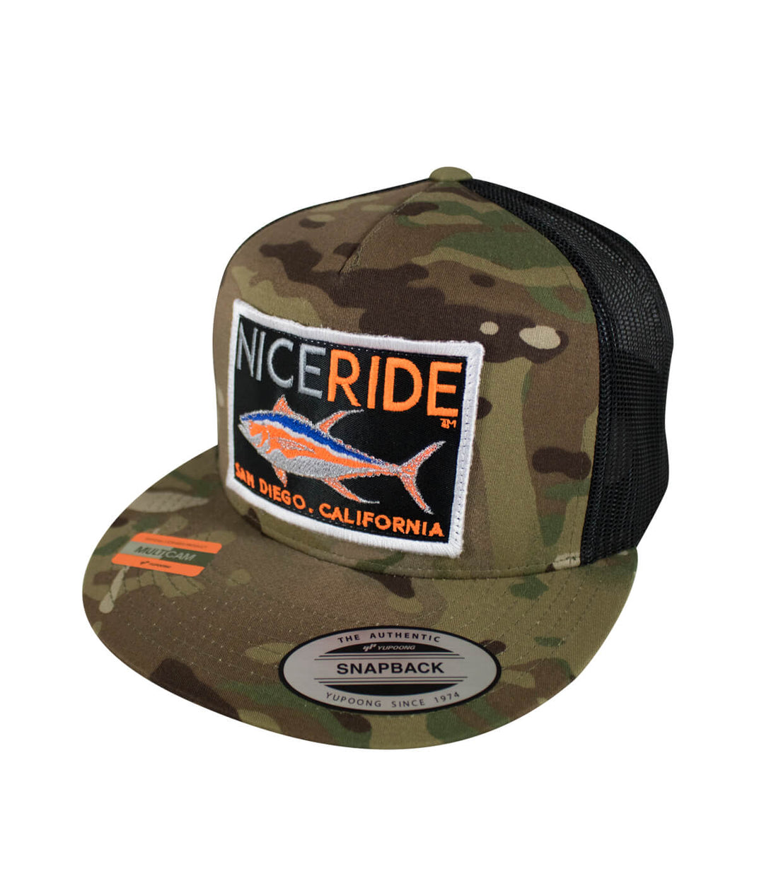Sorry Charlie Patch trucker hat featuring NICERIDE logo on camo design, perfect for outdoor enthusiasts and casual wear.
