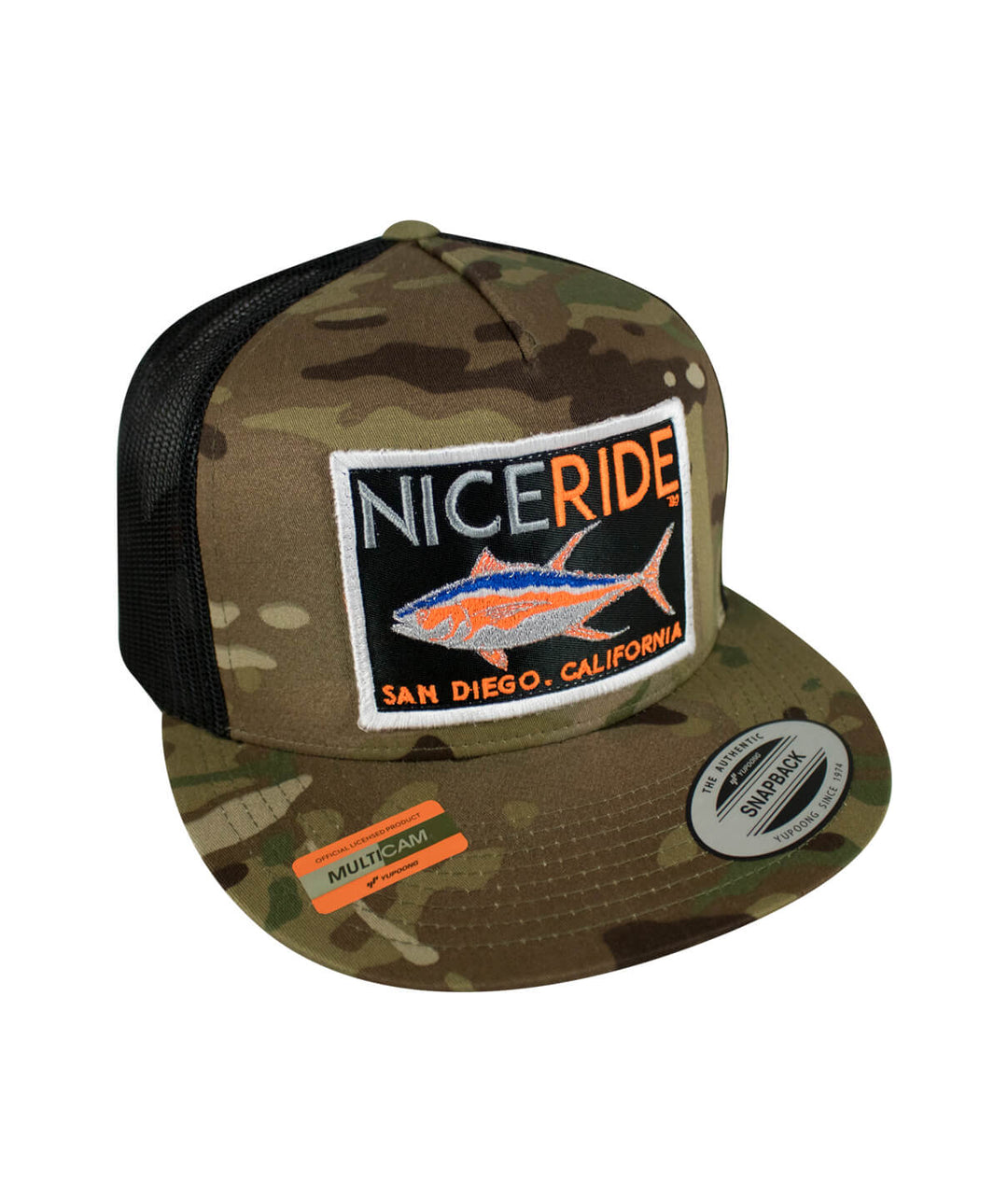 CAMO NICERIDE Trucker Hat featuring embroidered logo, classic snapback design, perfect for outdoor enthusiasts.