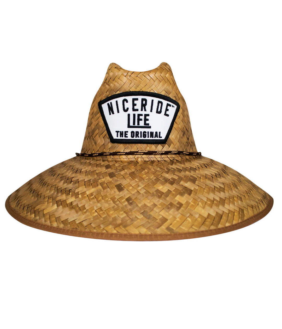 Grinder straw sun hat with NICERIDE logo, perfect for beach use, offers UV protection and an elastic-fit sweatband.