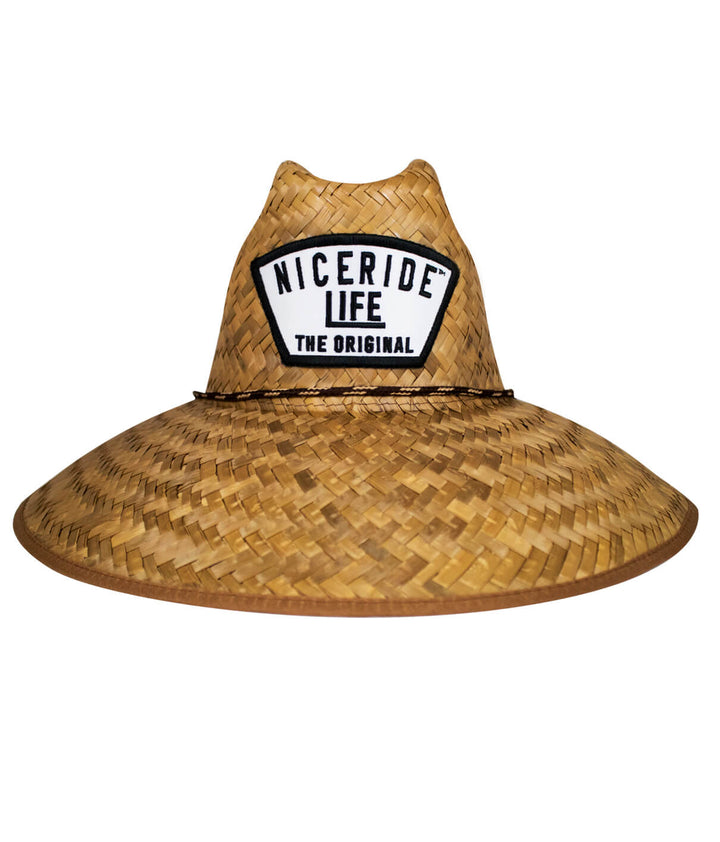 Grinder straw sun hat with NICERIDE logo, perfect for beach use, offers UV protection and an elastic-fit sweatband.