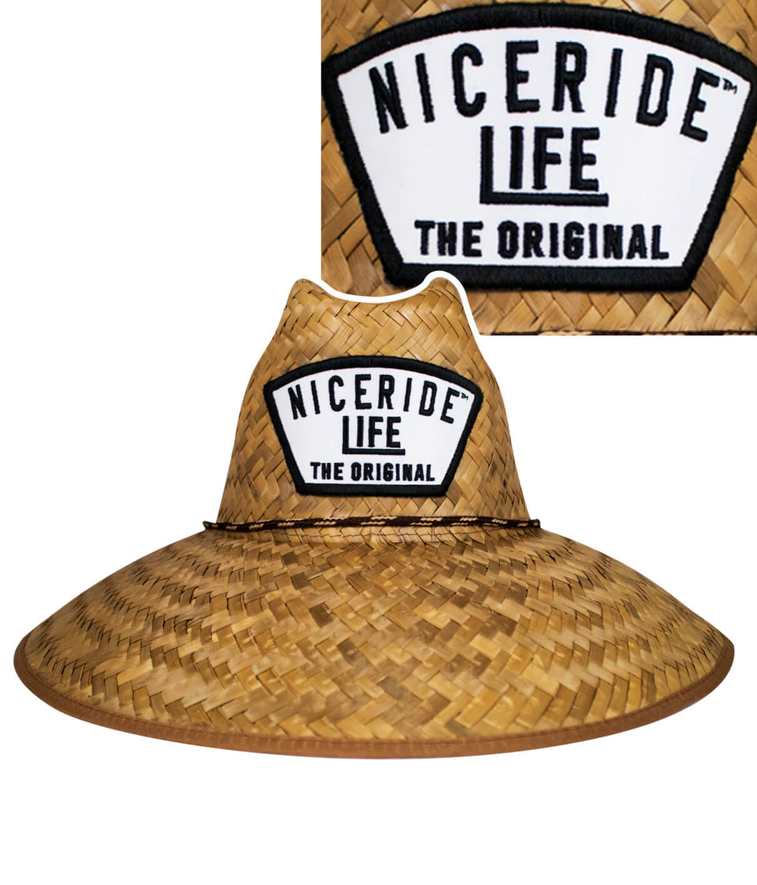 Grinder straw sun hat by NICERIDE, hand woven with UV protection and an elasti-fit sweatband, ideal for beach and outdoor work.