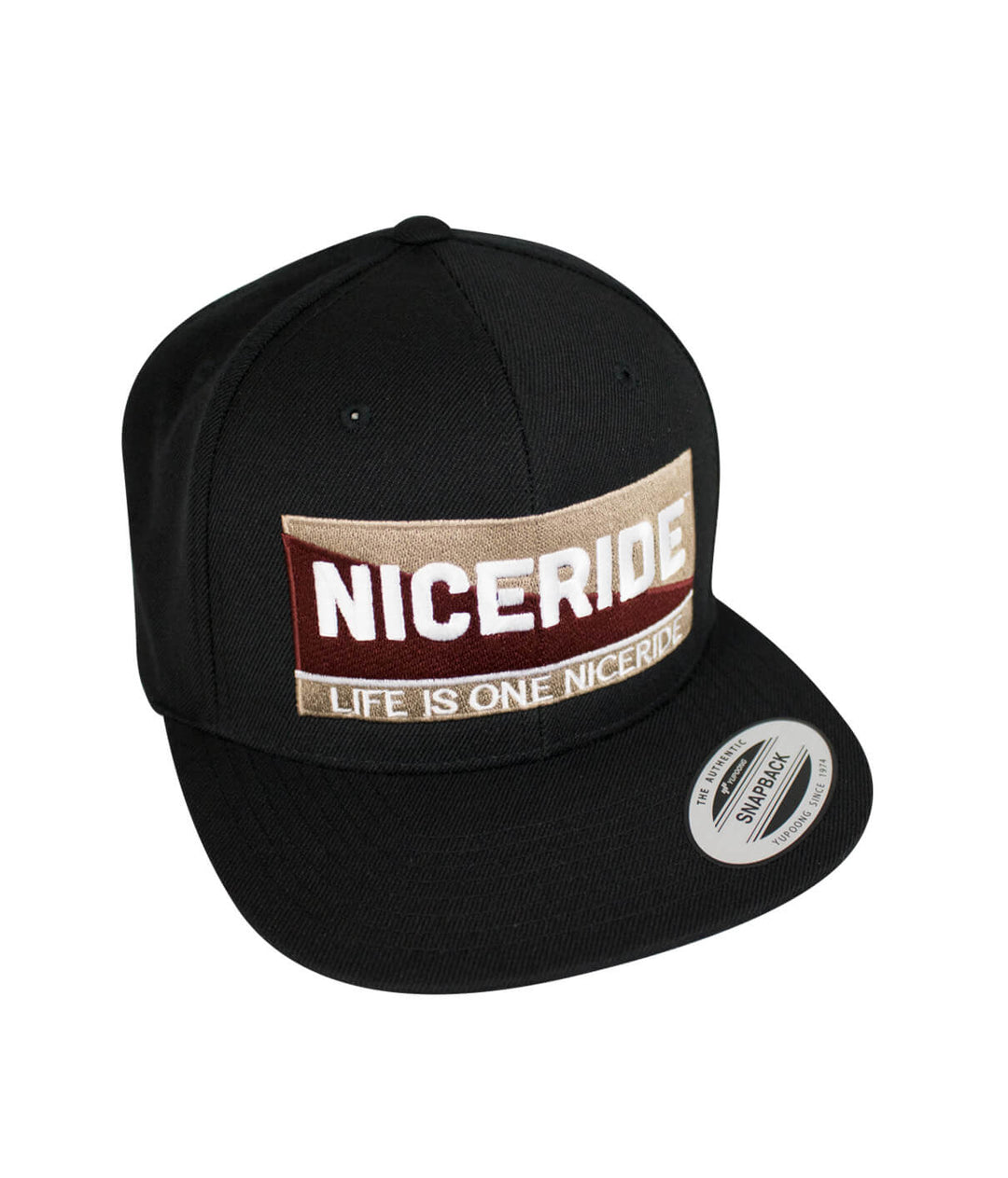 Black snapback hat from NICERIDE with embroidered logo and slogan, featuring the focus keyword: Hat.