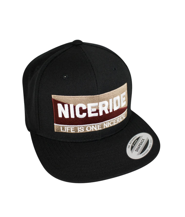 Black snapback hat from NICERIDE with embroidered logo and slogan, featuring the focus keyword: Hat.