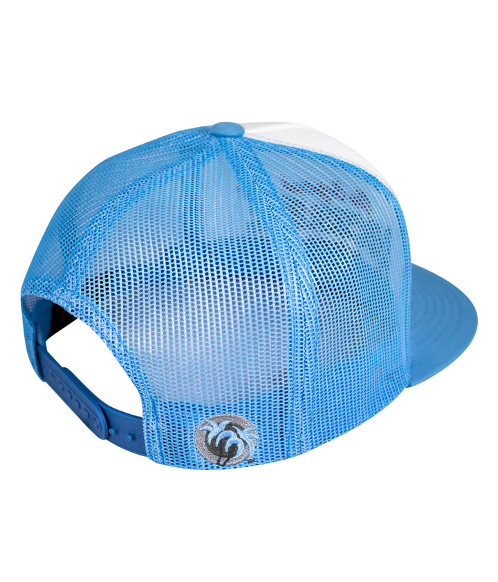 Back view of Empty Forest trucker hat featuring blue mesh and NICERIDE logo.