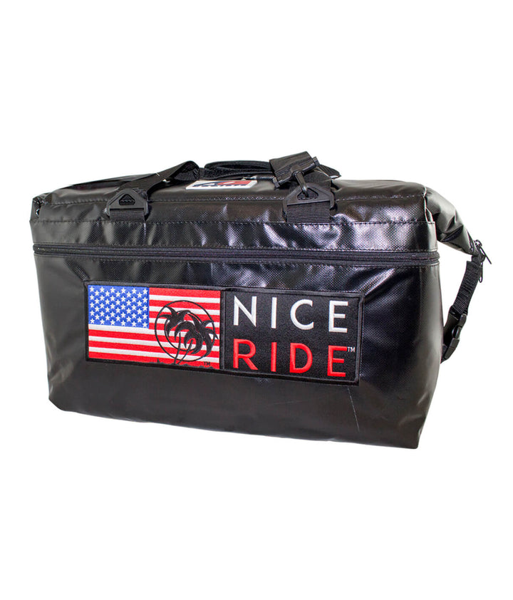 Black vinyl soft sided cooler with NICERIDE design and American flag, holds 36 cans plus ice.