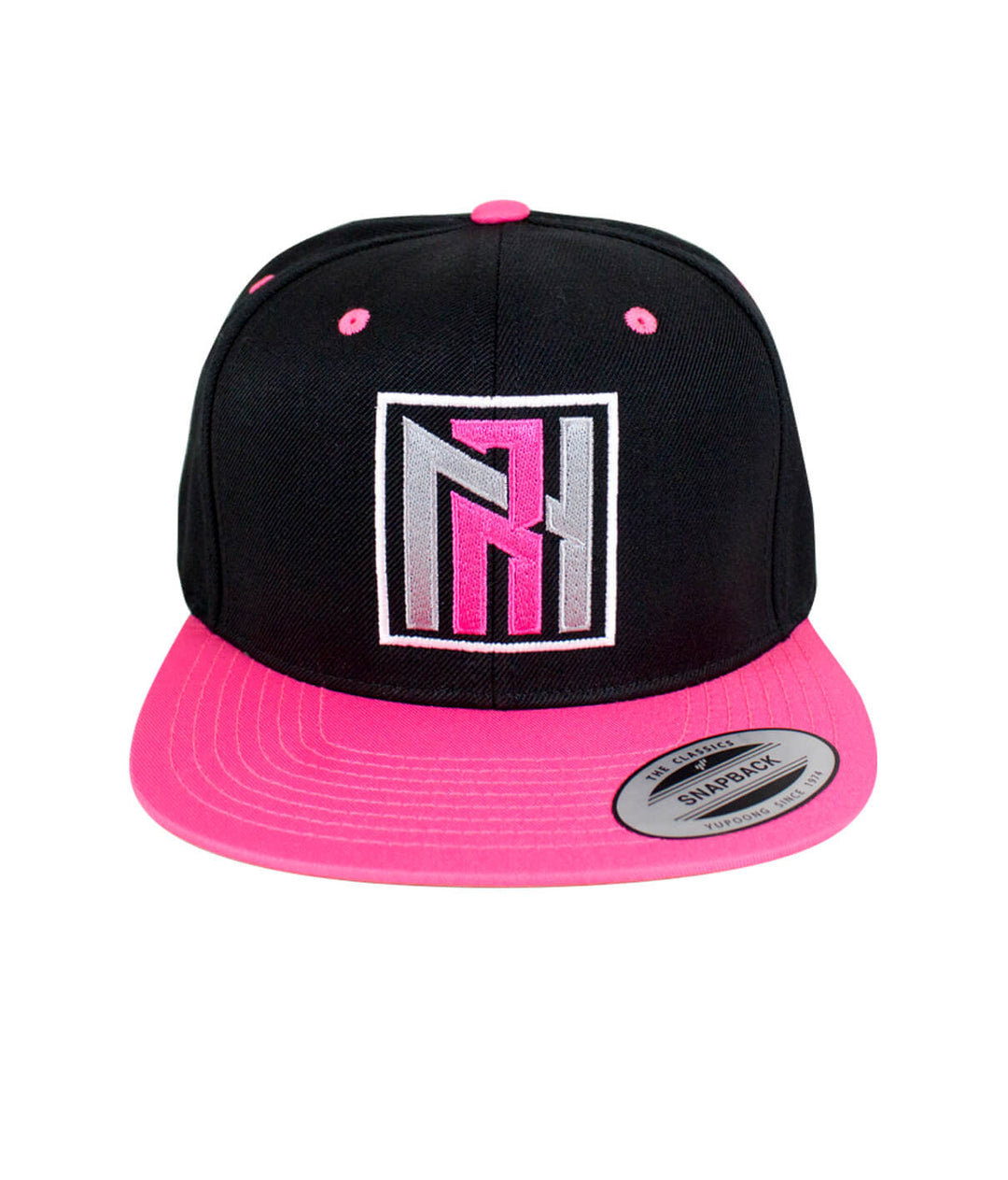 N-R Neon Snapback Hat featuring embroidered logo in neon colors and black and pink design, a stylish baseball cap.
