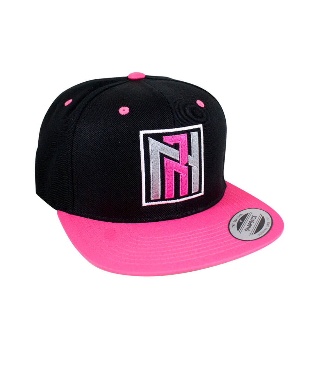 N-R Neon Snapback Hat featuring vibrant neon embroidery and a stylish pink brim, perfect for casual wear.